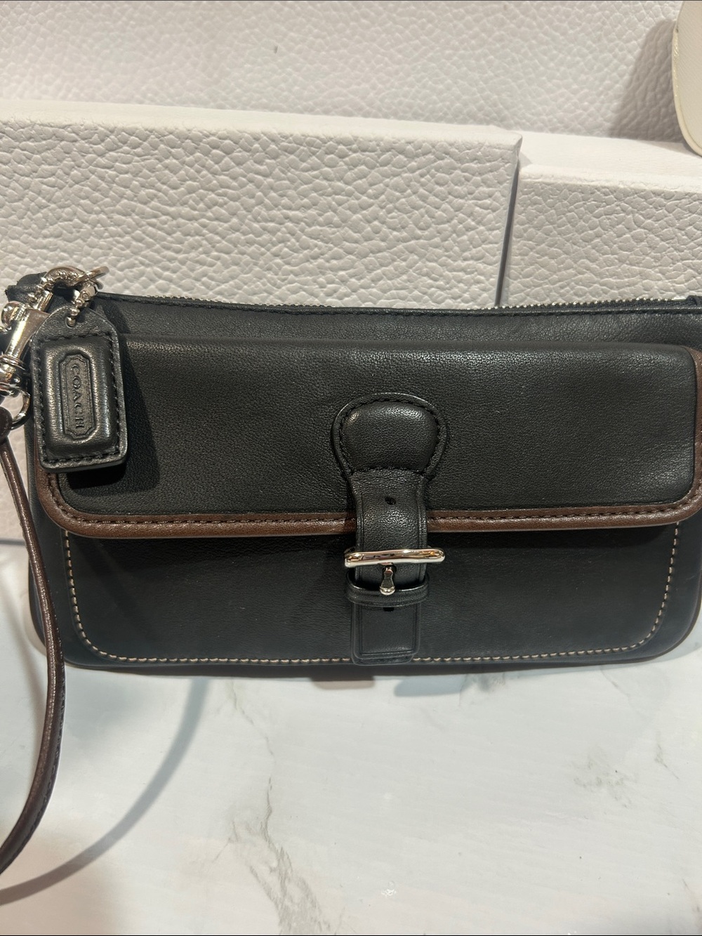 Coach Black Leather Wristlet with Brown Trim and Buckle - Picture 5 of 6